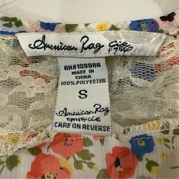 American Rag Cie Cottagecore Floral Tie Back Sheer Peasant Top Womens Small Lace - Picture 5 of 7